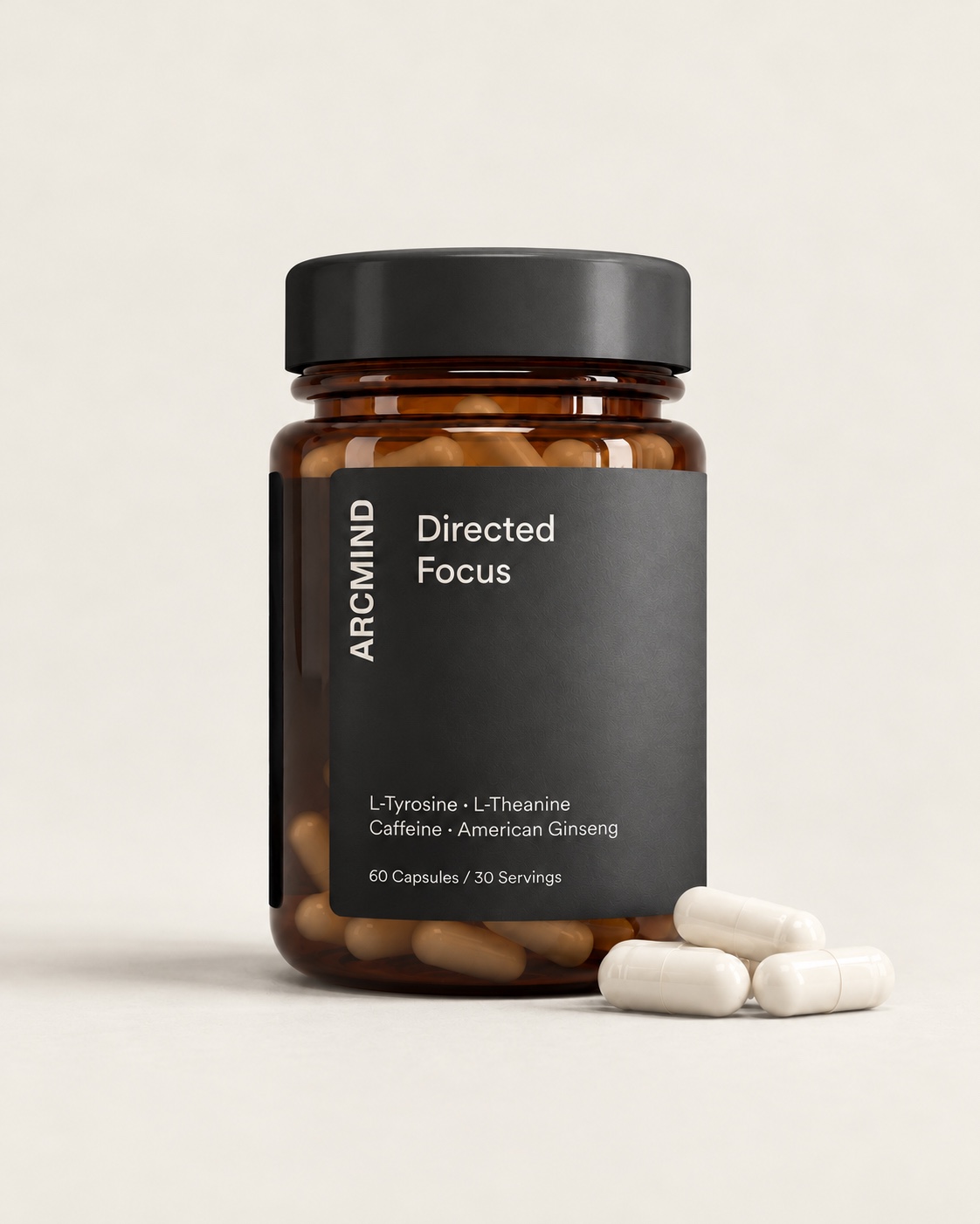 ARCMIND Directed Focus amber bottle with black label and loose white capsules, 60 capsules and 30 servings